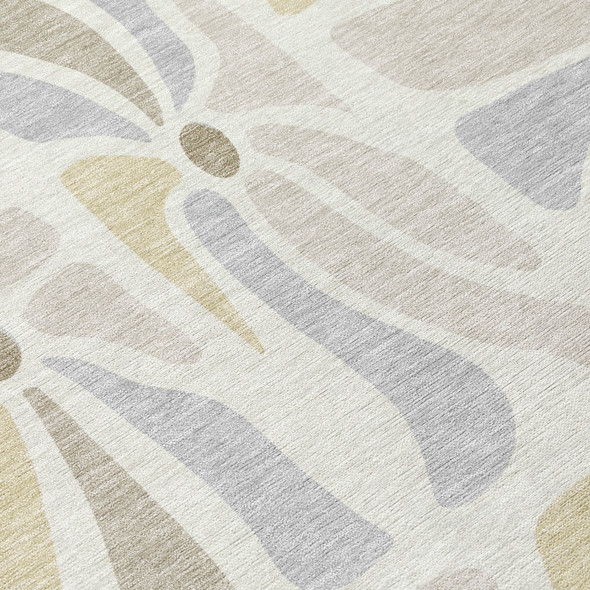 5' X 8' Ivory And Linen Floral Washable Indoor Outdoor Area Rug