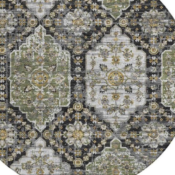 8' Black And Graphite Round Damask Washable Indoor Outdoor Area Rug