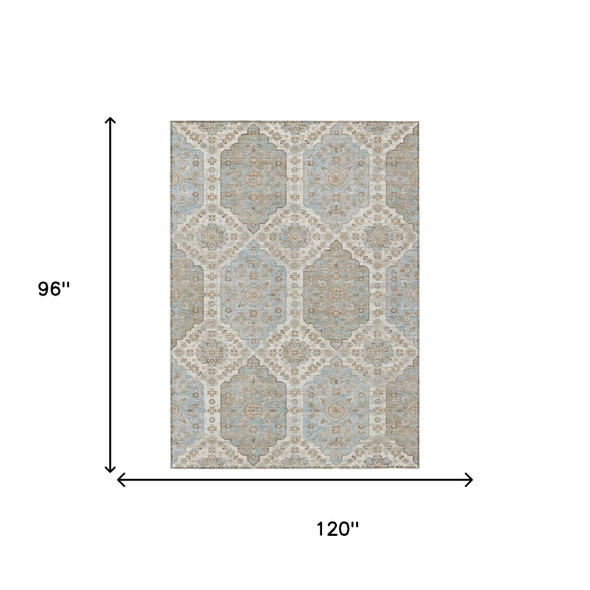 8' X 10' Ivory And Beige Damask Washable Indoor Outdoor Area Rug