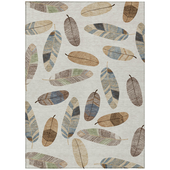 5' X 8' Linen And Ivory Botanical Leaves Washable Indoor Outdoor Area Rug