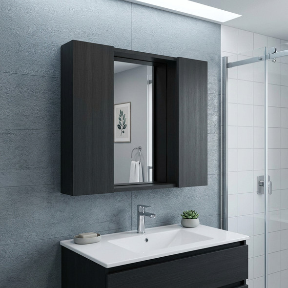 24" Black Wood Floating Double Door Bathroom Vanity And Medicine Cabinet With Mirror