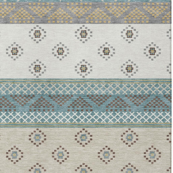8' X 10' Teal Blue And Beige Striped Washable Indoor Outdoor Area Rug