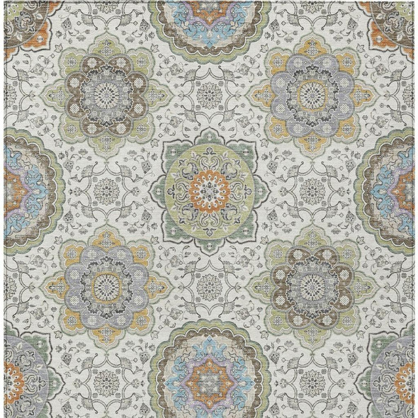 8' X 10' Ivory And Khaki Floral Medallion Washable Indoor Outdoor Area Rug