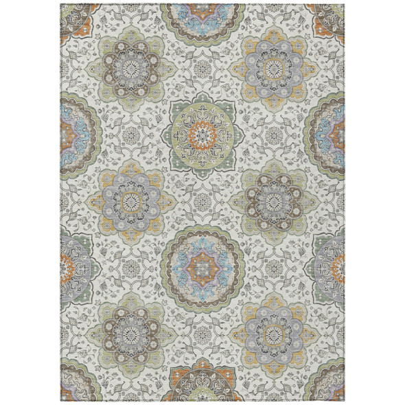 9' X 12' Ivory And Khaki Floral Medallion Washable Indoor Outdoor Area Rug