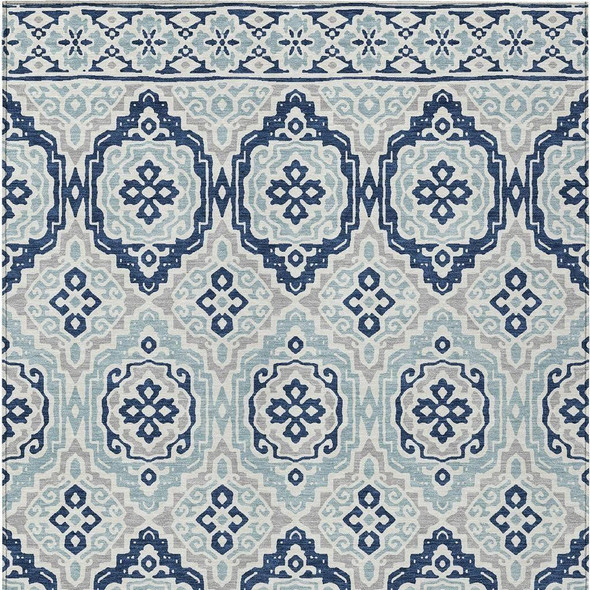 3' X 5' Navy Blue And Aqua Tribal Washable Indoor Outdoor Area Rug
