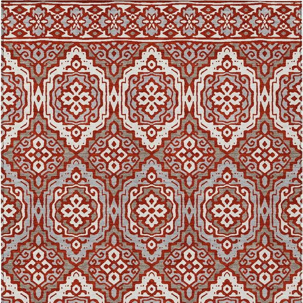 5' X 8' Red And Denim Blue Tribal Washable Indoor Outdoor Area Rug