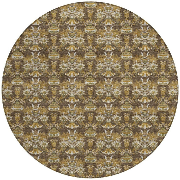 8' Chocolate And Copper Round Floral Washable Indoor Outdoor Area Rug