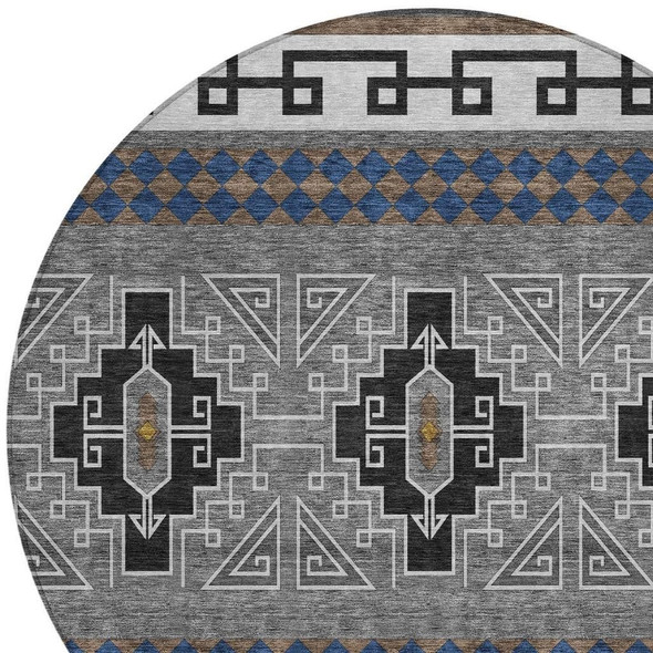 8' Black And Copper Round Tribal Washable Indoor Outdoor Area Rug