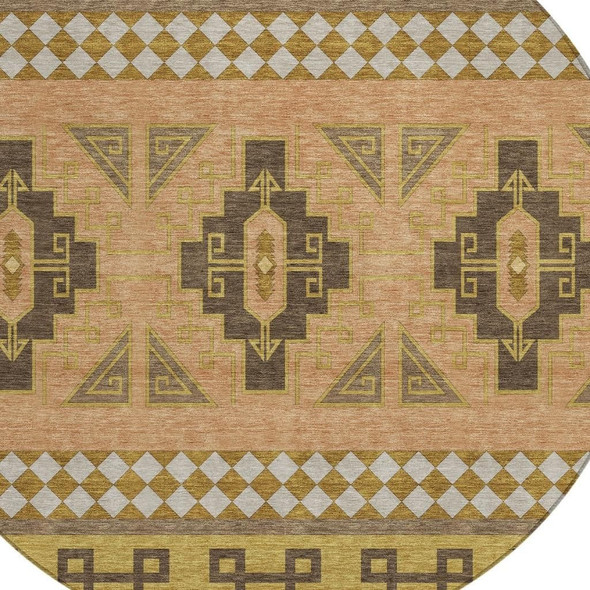 8' Chocolate And Olive Green Round Tribal Washable Indoor Outdoor Area Rug