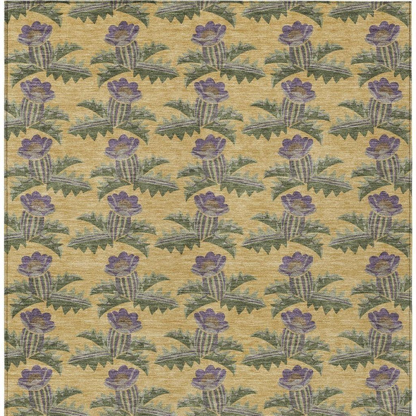 5' X 8' Gold And Khaki Floral Washable Indoor Outdoor Area Rug