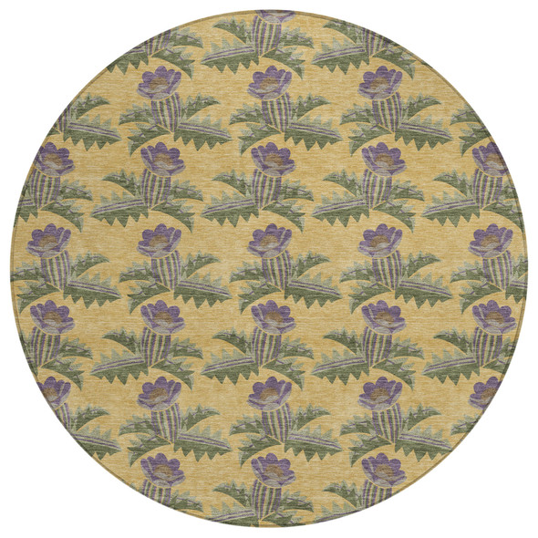 8' Gold And Khaki Round Floral Washable Indoor Outdoor Area Rug