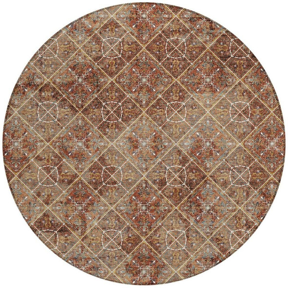 8' Orange And Khaki Round Geometric Washable Indoor Outdoor Area Rug