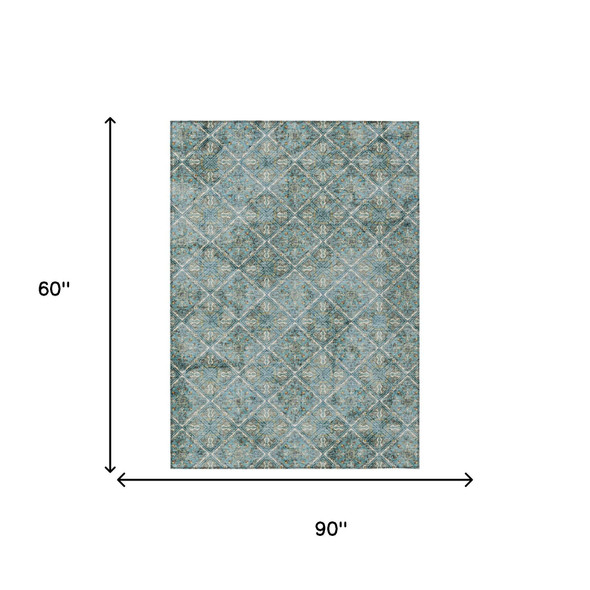 5' X 8' Teal Blue And Purple Geometric Washable Indoor Outdoor Area Rug