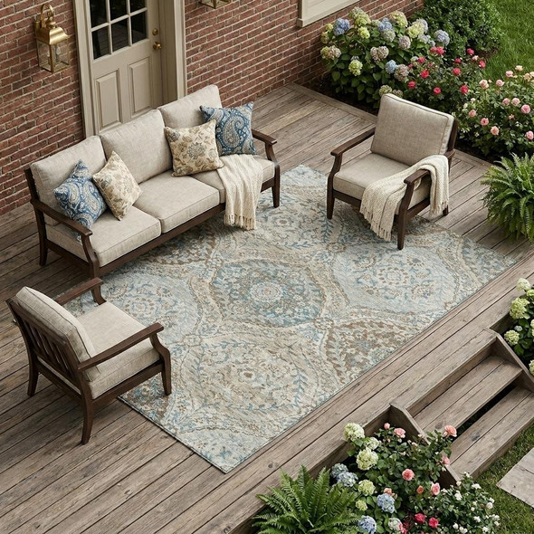 9' X 12' Ivory And Brown Ogee Washable Indoor Outdoor Area Rug