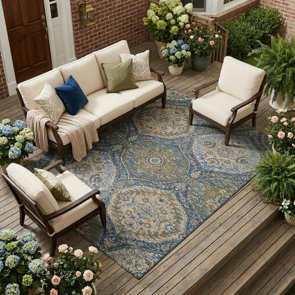 8' X 10' Navy Blue And Linen Ogee Washable Indoor Outdoor Area Rug