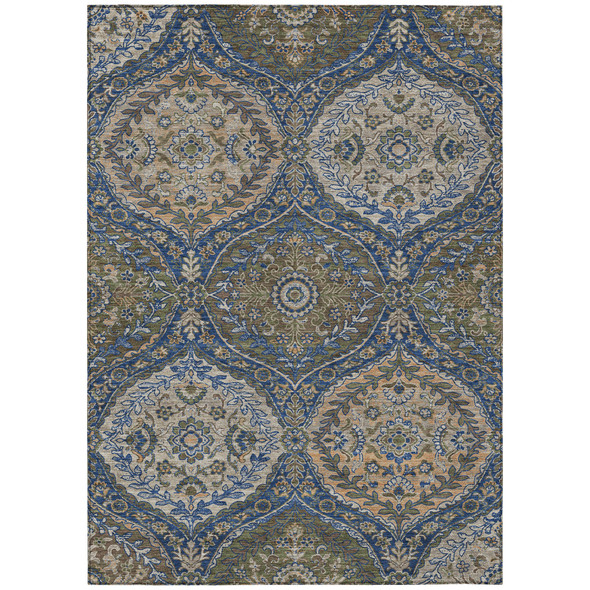 9' X 12' Navy Blue And Linen Ogee Washable Indoor Outdoor Area Rug