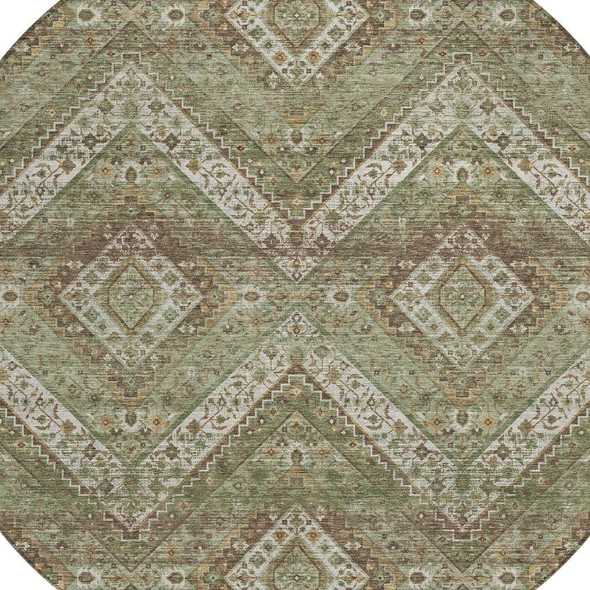 8' Olive Green And Blue Round Tribal Washable Indoor Outdoor Area Rug