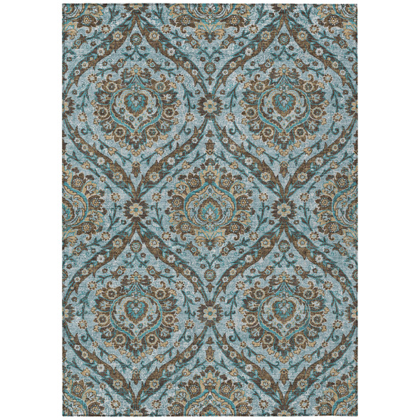8' X 10' Teal Blue And Blue Floral Washable Indoor Outdoor Area Rug