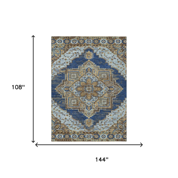 9' X 12' Navy Blue And Linen Oriental Washable Indoor Outdoor Area Rug