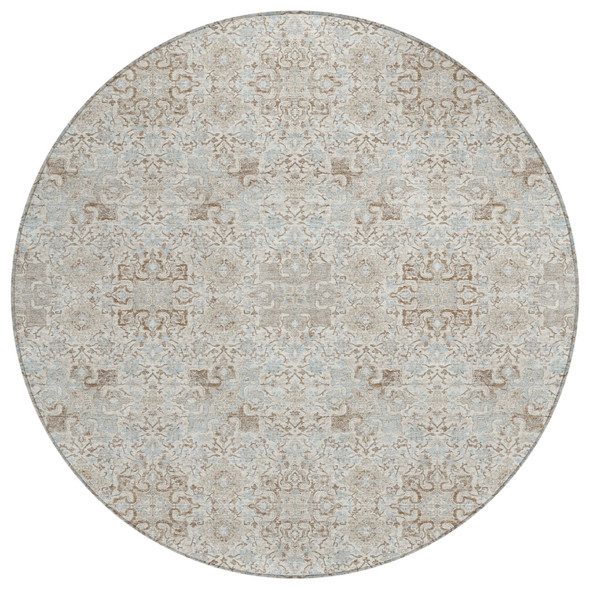 8' Ivory And Gray Round Oriental Washable Indoor Outdoor Area Rug