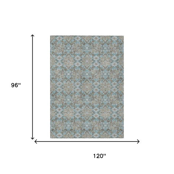 8' X 10' Teal Blue And Blue Oriental Washable Indoor Outdoor Area Rug