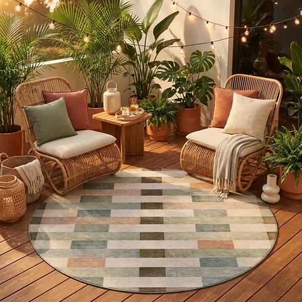 8' Green And Beige Round Striped Washable Indoor Outdoor Area Rug