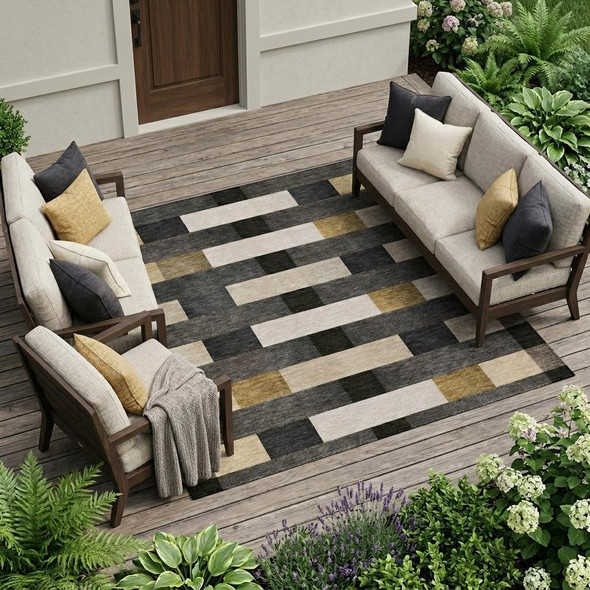 8' X 10' Gray And Graphite Striped Washable Indoor Outdoor Area Rug
