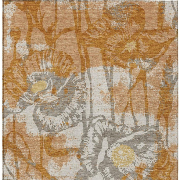 8' X 10' Copper And Orange Floral Washable Indoor Outdoor Area Rug
