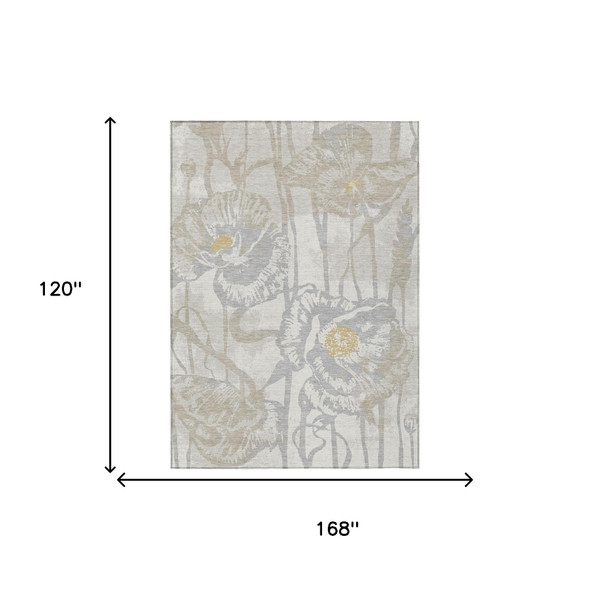 10' X 14' Ivory And Silver Floral Washable Indoor Outdoor Area Rug