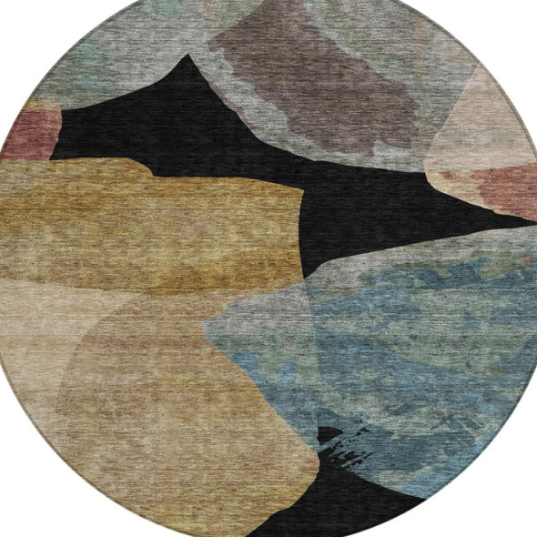 8' Black And Brown Round Abstract Washable Indoor Outdoor Area Rug