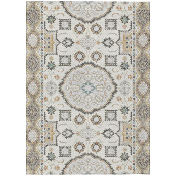 9' X 12' Ivory And Silver Floral Medallion Washable Indoor Outdoor Area Rug