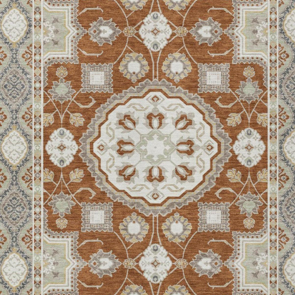 3' X 5' Orange And Ivory Floral Medallion Washable Indoor Outdoor Area Rug