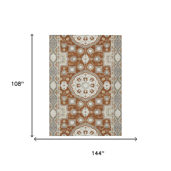 9' X 12' Orange And Ivory Floral Medallion Washable Indoor Outdoor Area Rug
