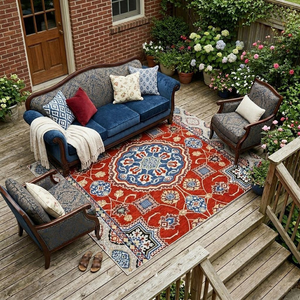 9' X 12' Red And Silver Floral Medallion Washable Indoor Outdoor Area Rug
