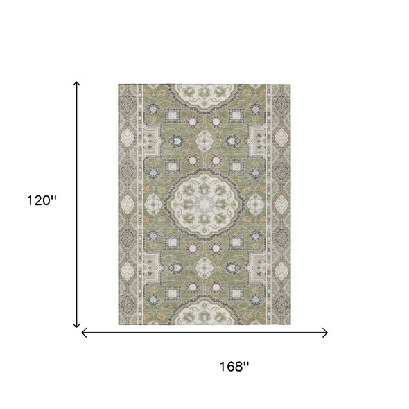 10' X 14' Sage And Green Floral Medallion Washable Indoor Outdoor Area Rug