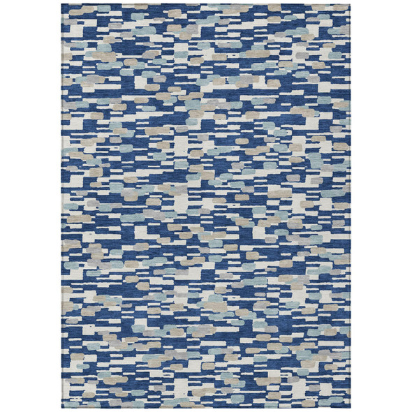 5' X 8' Blue And Silver Geometric Washable Indoor Outdoor Area Rug