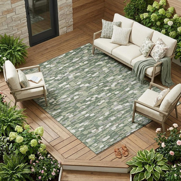 9' X 12' Green And Silver Geometric Washable Indoor Outdoor Area Rug