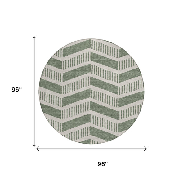 8' Green And Ivory Round Geometric Washable Indoor Outdoor Area Rug