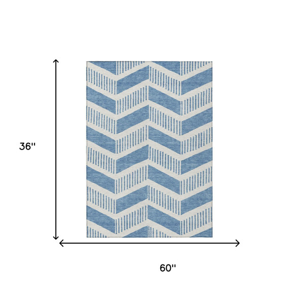 3' X 5' Denim Blue And Blue Geometric Washable Indoor Outdoor Area Rug