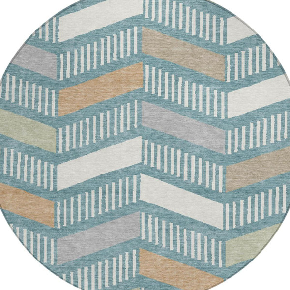 8' Teal Blue And Silver Round Geometric Washable Indoor Outdoor Area Rug