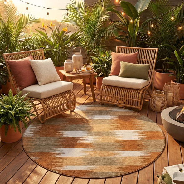 8' Orange And Brown Round Geometric Washable Indoor Outdoor Area Rug