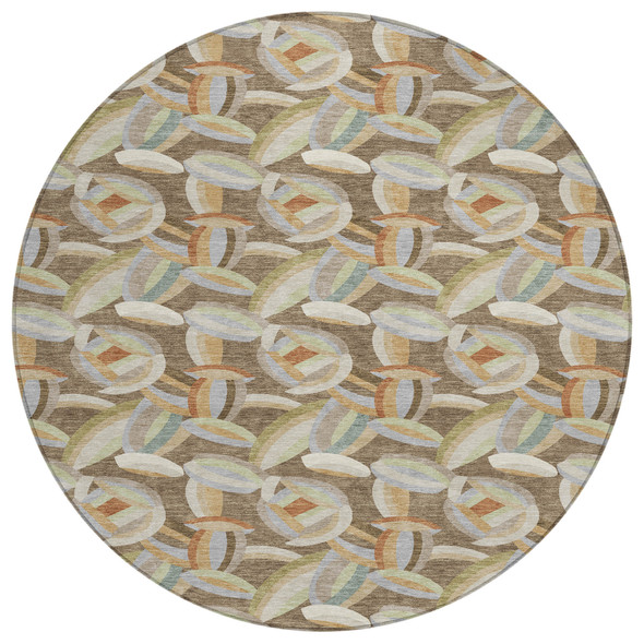 8' Brown And Ivory Round Abstract Washable Indoor Outdoor Area Rug