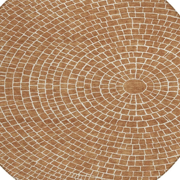 8' Rust And Ivory Round Geometric Washable Indoor Outdoor Area Rug