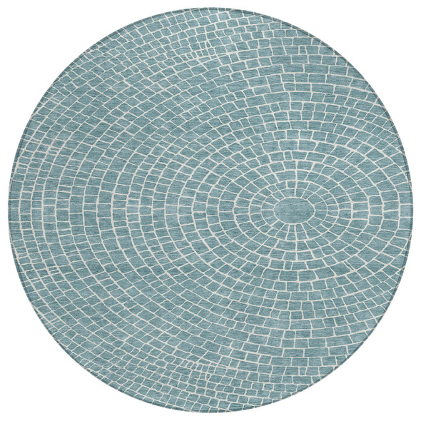 8' Teal Blue And Ivory Round Geometric Washable Indoor Outdoor Area Rug