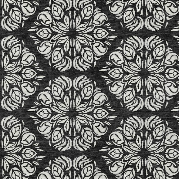 10' X 14' Black And Ivory Damask Washable Indoor Outdoor Area Rug