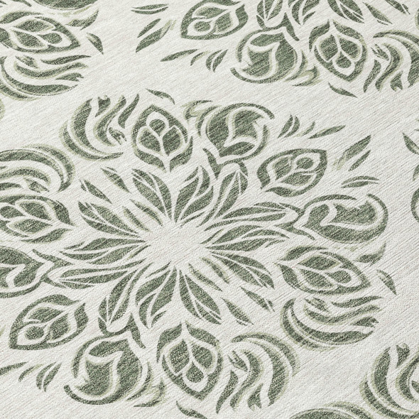 5' X 8' Green And Ivory Damask Washable Indoor Outdoor Area Rug