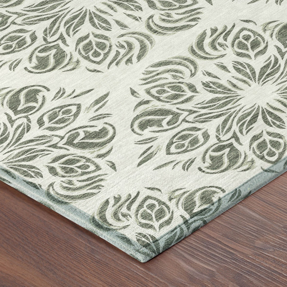 9' X 12' Green And Ivory Damask Washable Indoor Outdoor Area Rug