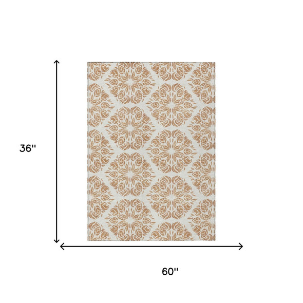 3' X 5' Copper And Ivory Damask Washable Indoor Outdoor Area Rug