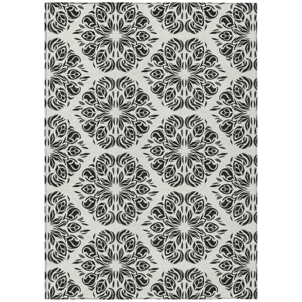 3' X 5' Ivory And Black Damask Washable Indoor Outdoor Area Rug