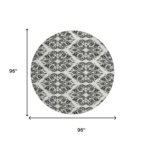 8' Ivory And Black Round Damask Washable Indoor Outdoor Area Rug